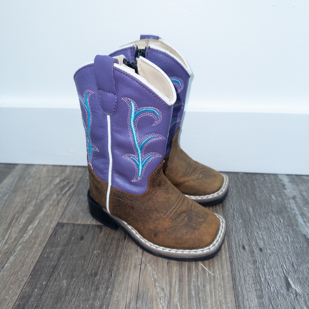 Old West Brown &‎ Purple Leather Square Toe Boots Size 4.5 Child
